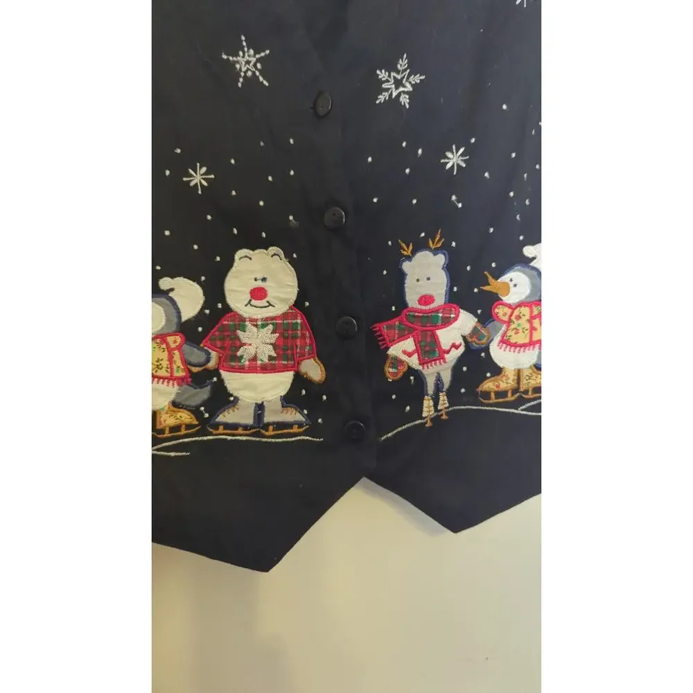 Nostalgic Vintage Winter Festival Embroidered Patchwork Holiday Vest Women's M.